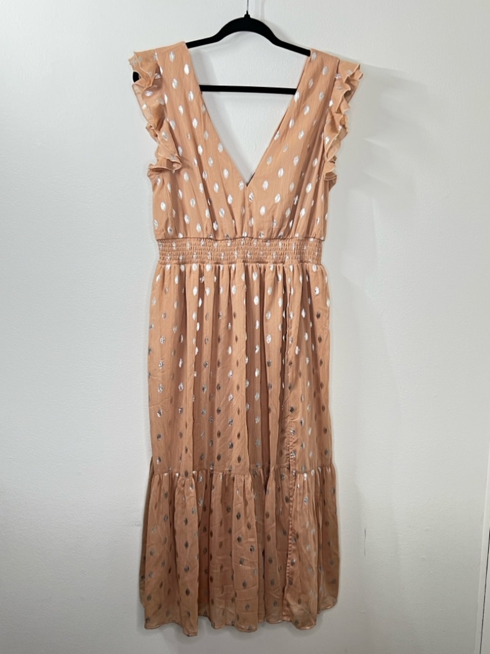 LULUS Women’s Size L Peach Polk A Dot Ruffles Sleeveless Summer Midi Dress